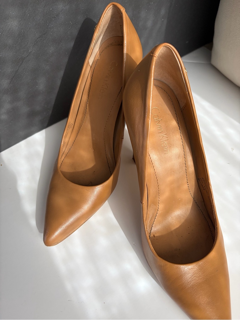 Calvin Klein Cognac Leather Pointed-Toe Pumps